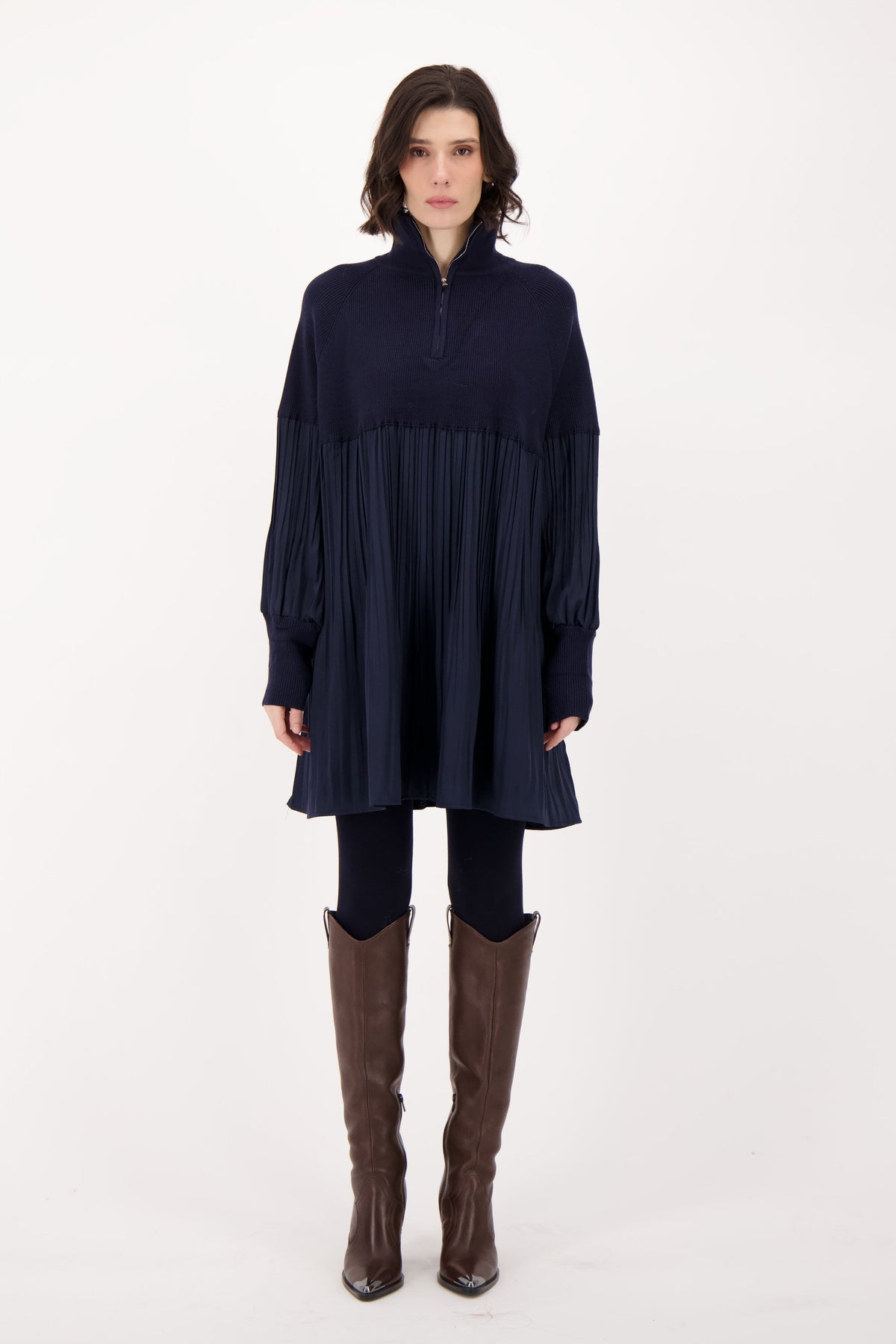 Quarter Zip Front Sweater/Pleated Dress