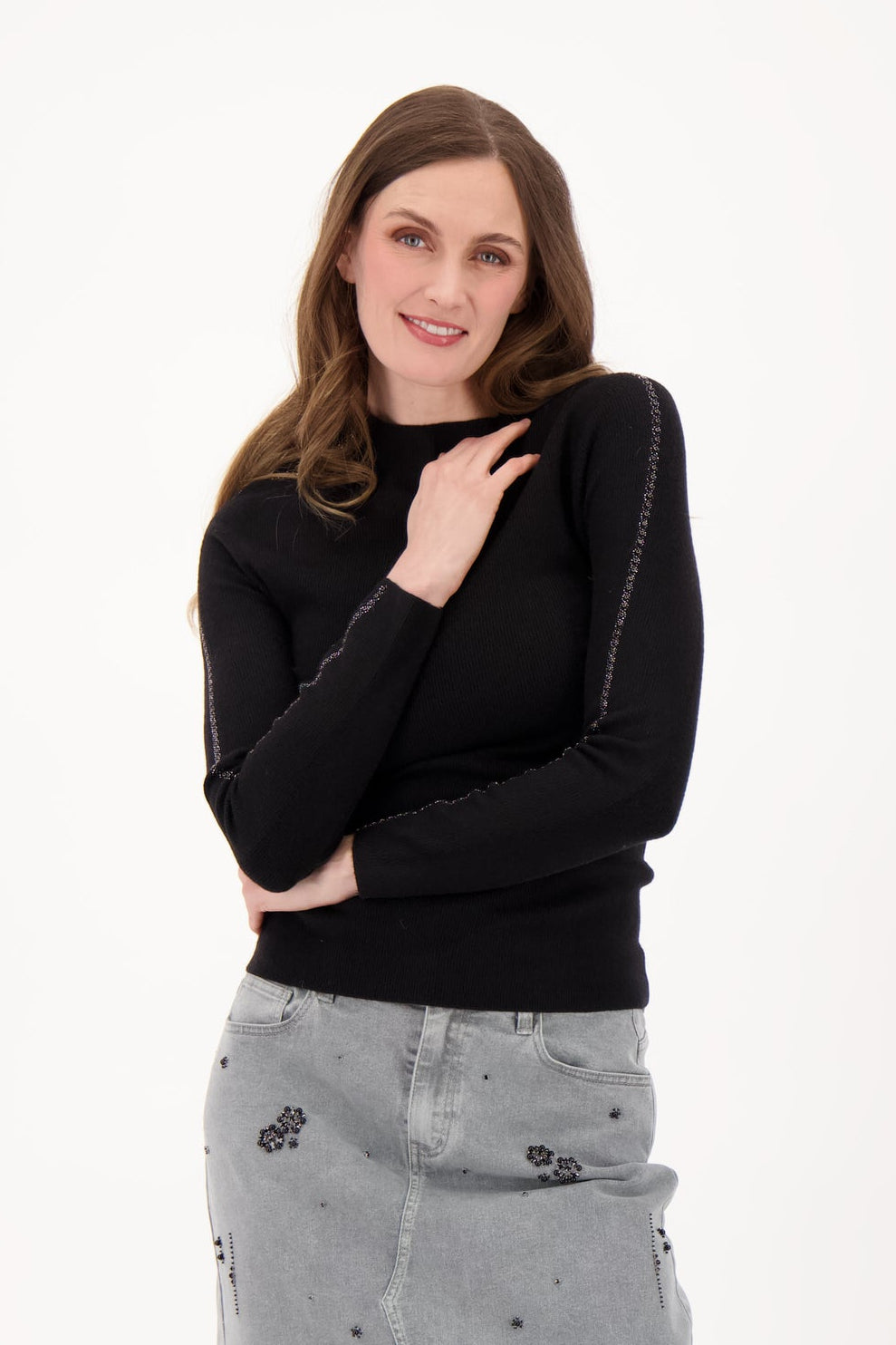 Sweater With Sleeve Rhinestone Detail