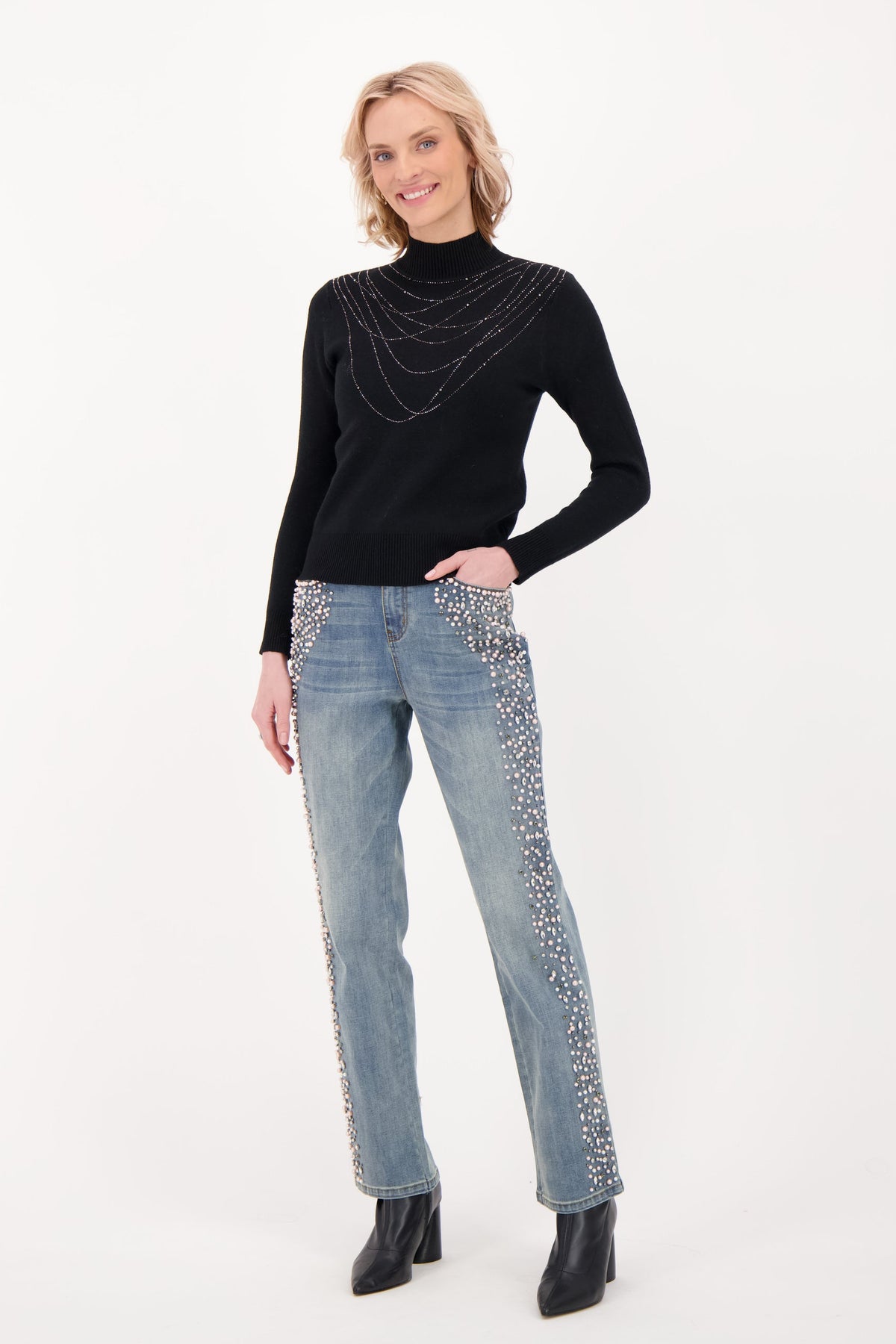 Side Seam Pearl Beading Denim Pant