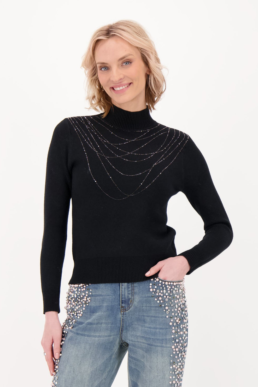 Plush Fleece Lined Sweater With Hot Fix Beads Necklace
