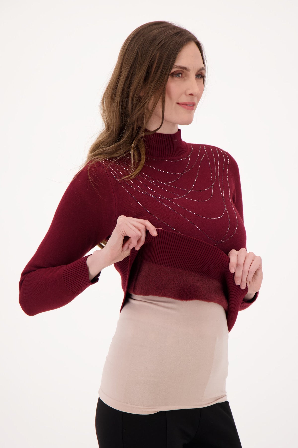 Plush Fleece Lined Sweater With Hot Fix Beads Necklace