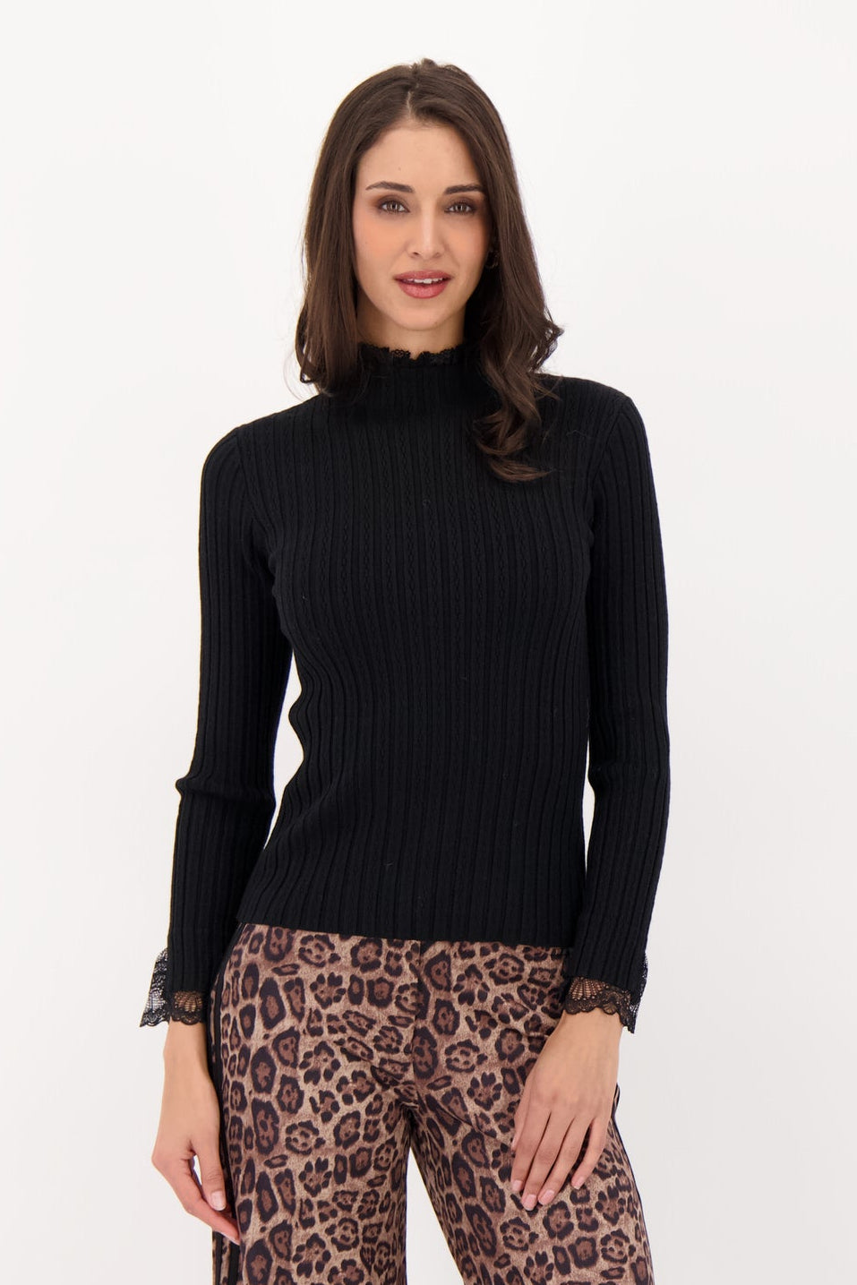 Lace Trimmed Rib Knit Sweater