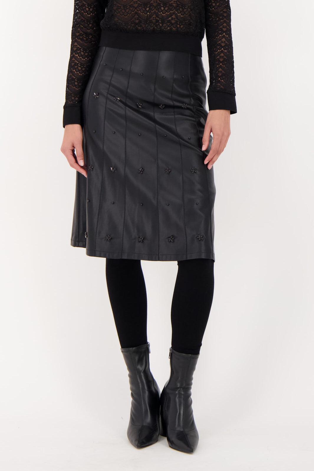 Beaded Pintuck PU Skirt