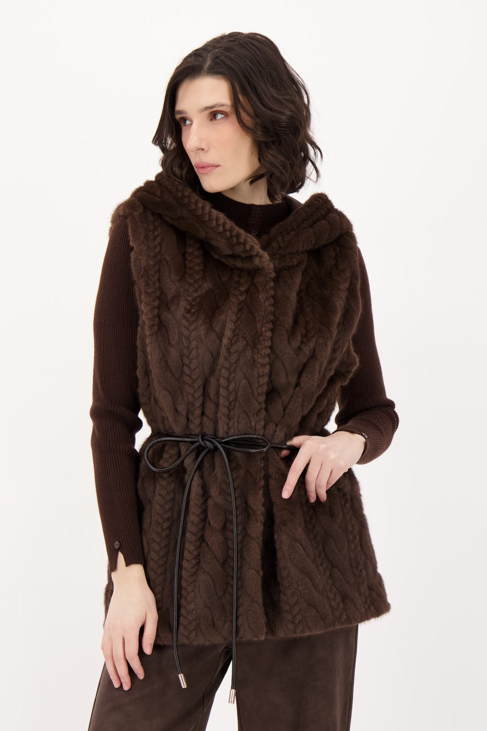 Cable Hooded Vest With Leather Tie