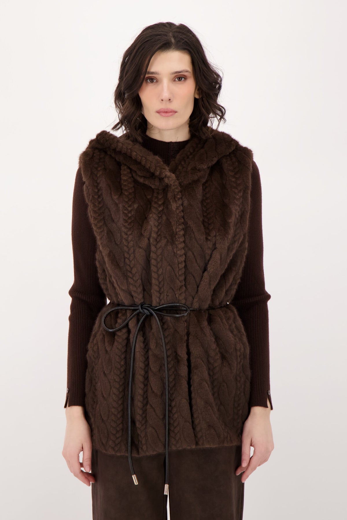 Cable Hooded Vest With Leather Tie