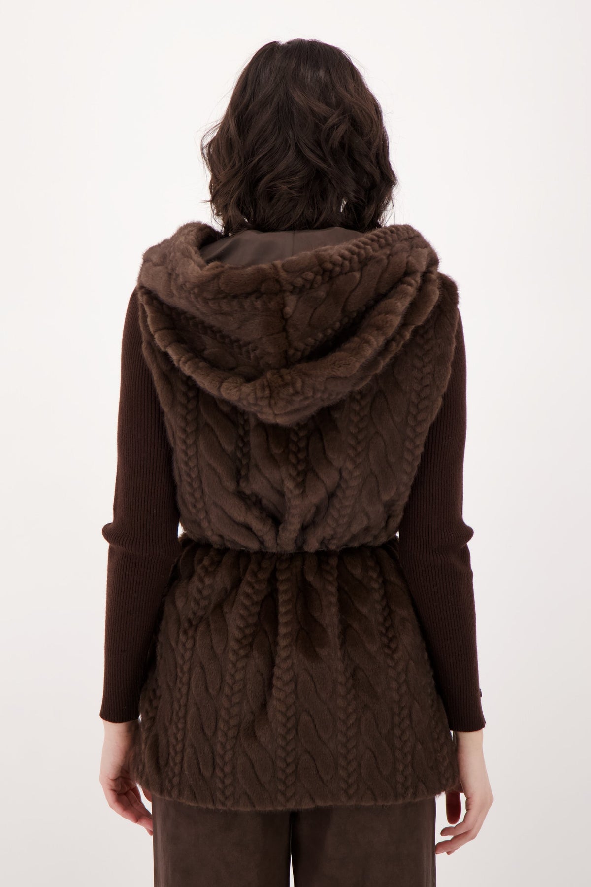 Cable Hooded Vest With Leather Tie