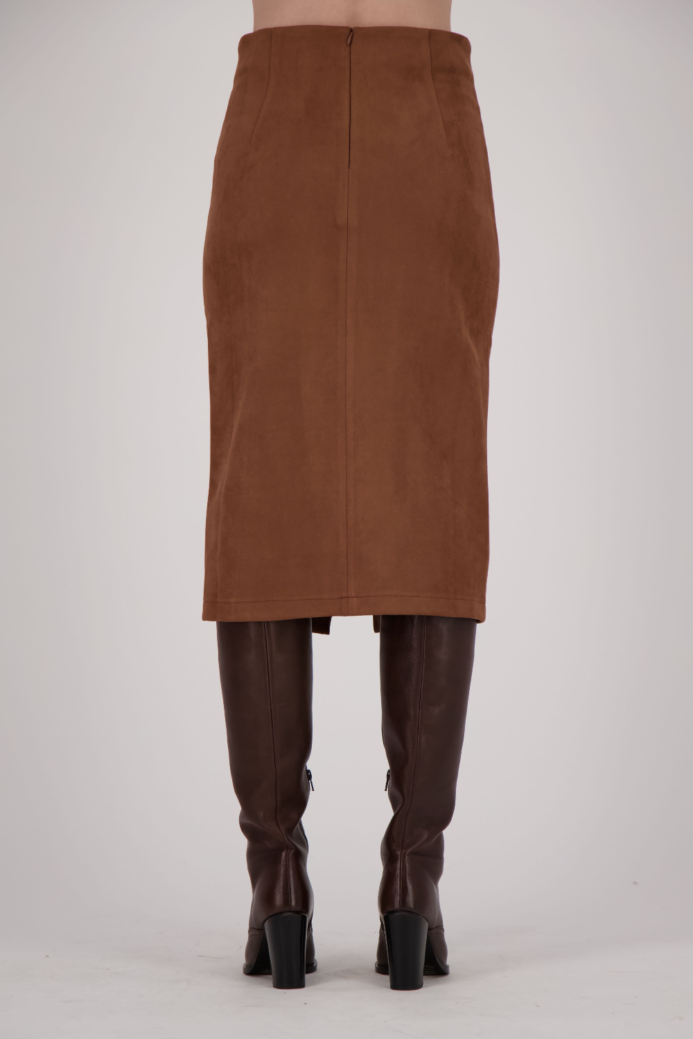 Faux Suede Midi Skirt With Front Slit