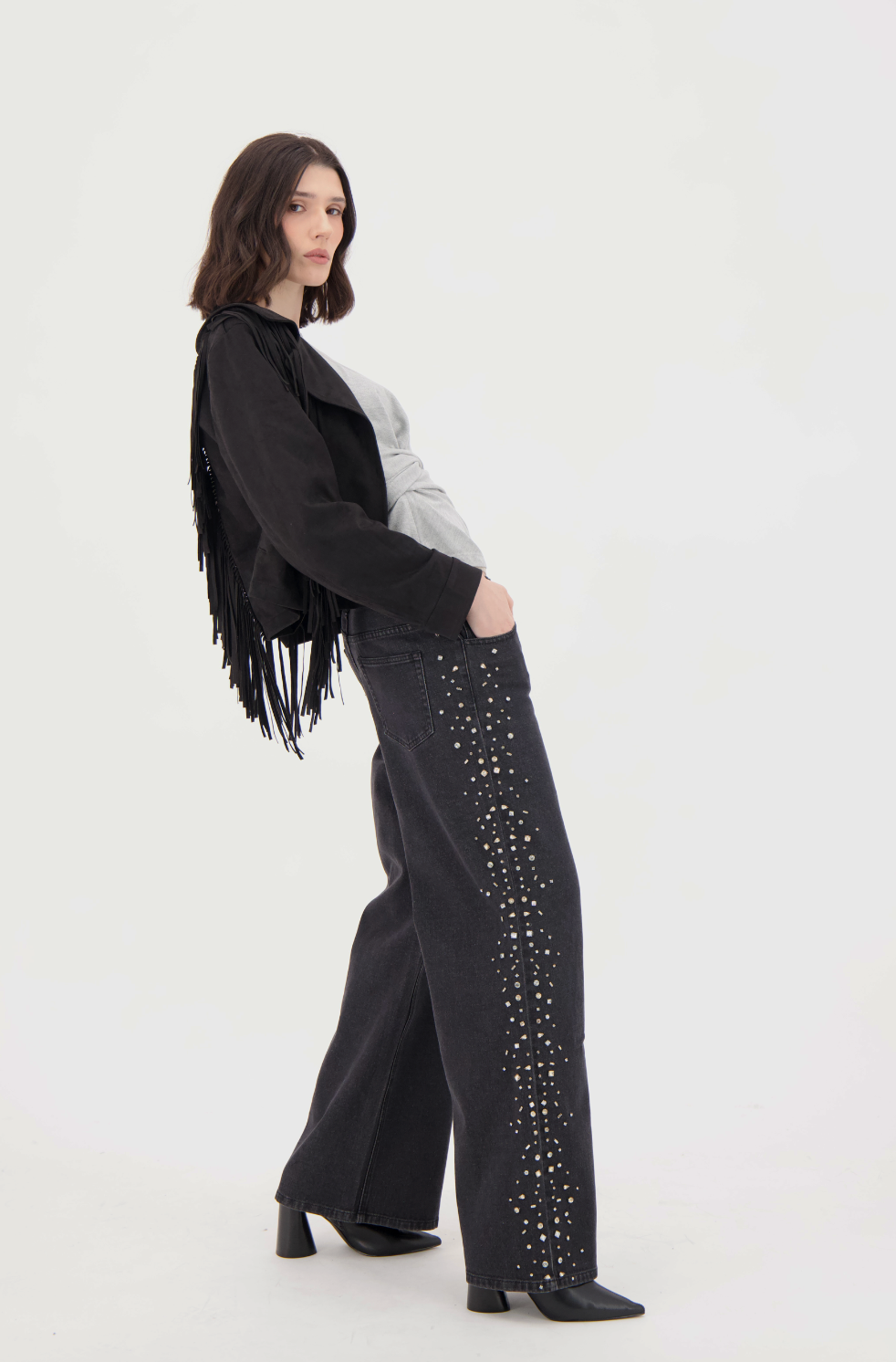 Side Seam Rhinestone Wide Leg Denim Pant