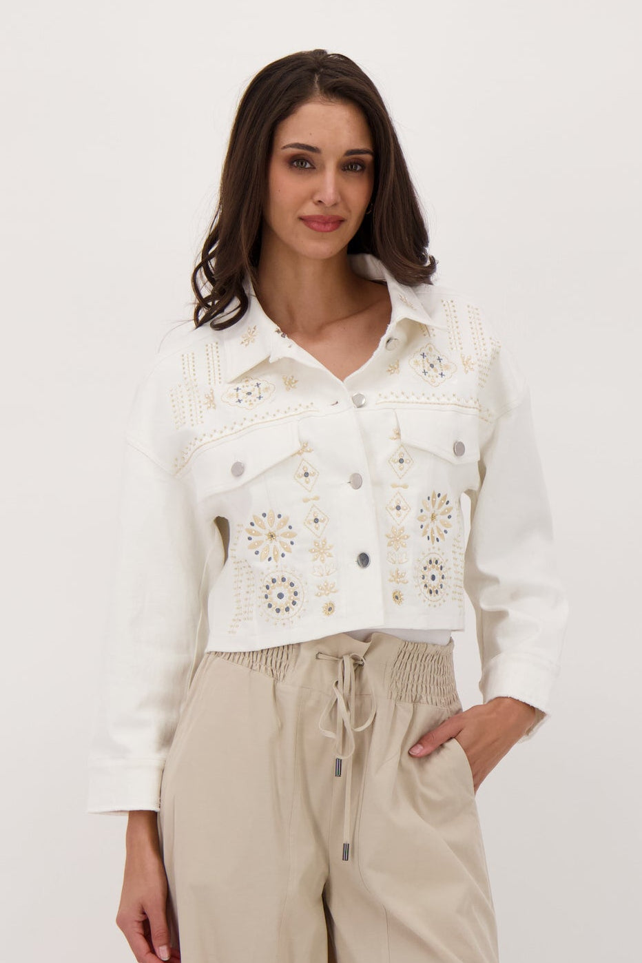 Embroidered Crop Cotton Jacket With Printed Lining
