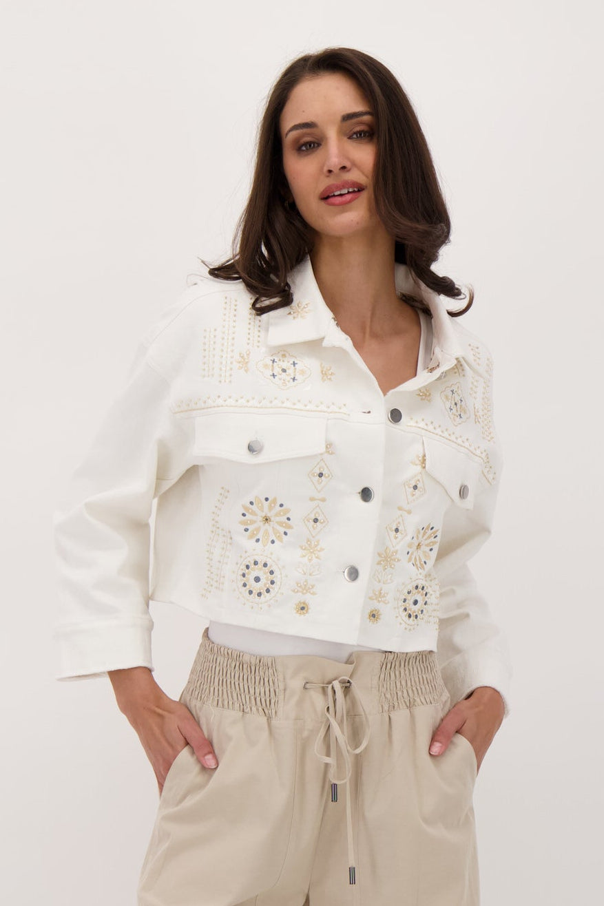 Embroidered Crop Cotton Jacket With Printed Lining