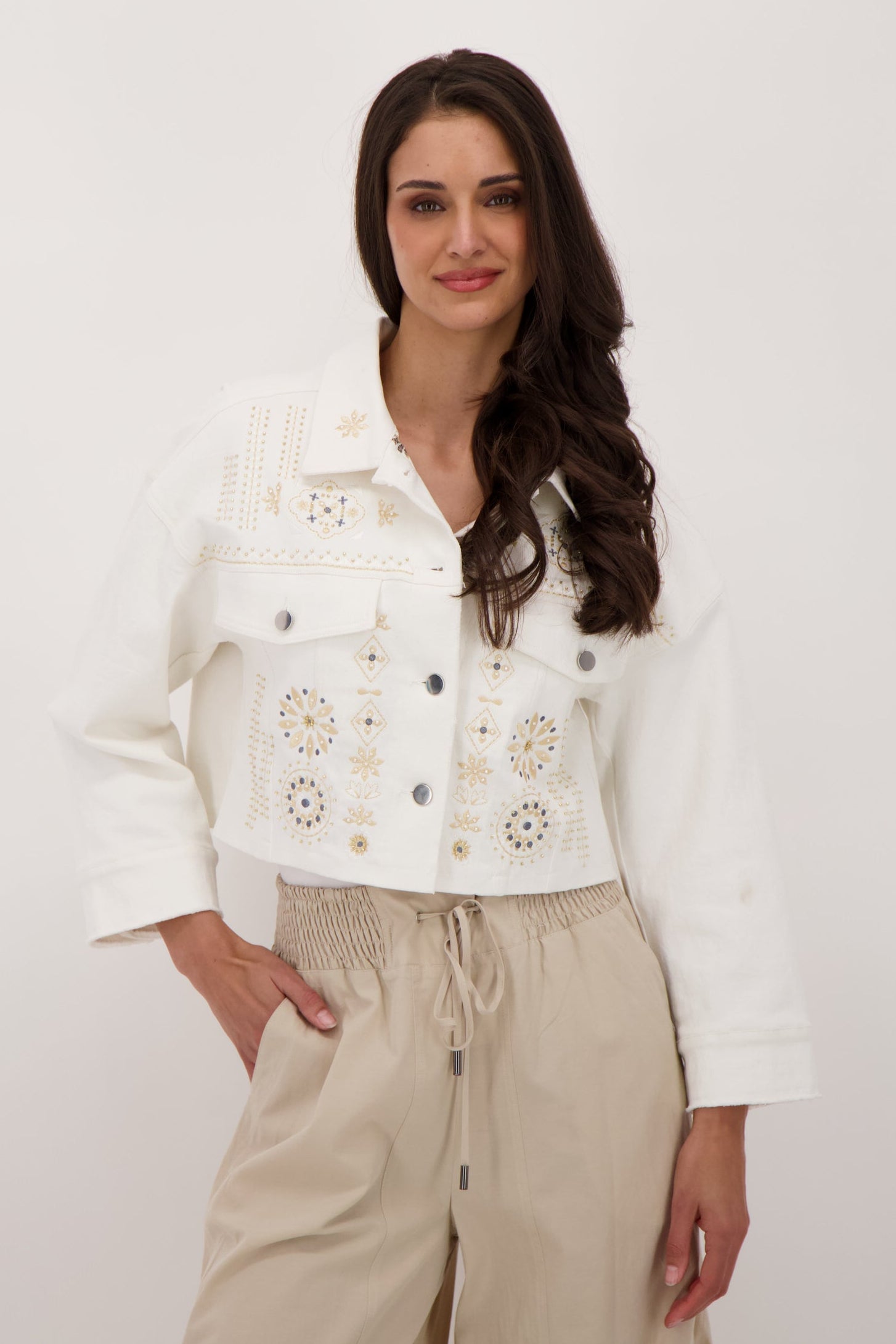 Embroidered Crop Cotton Jacket With Printed Lining