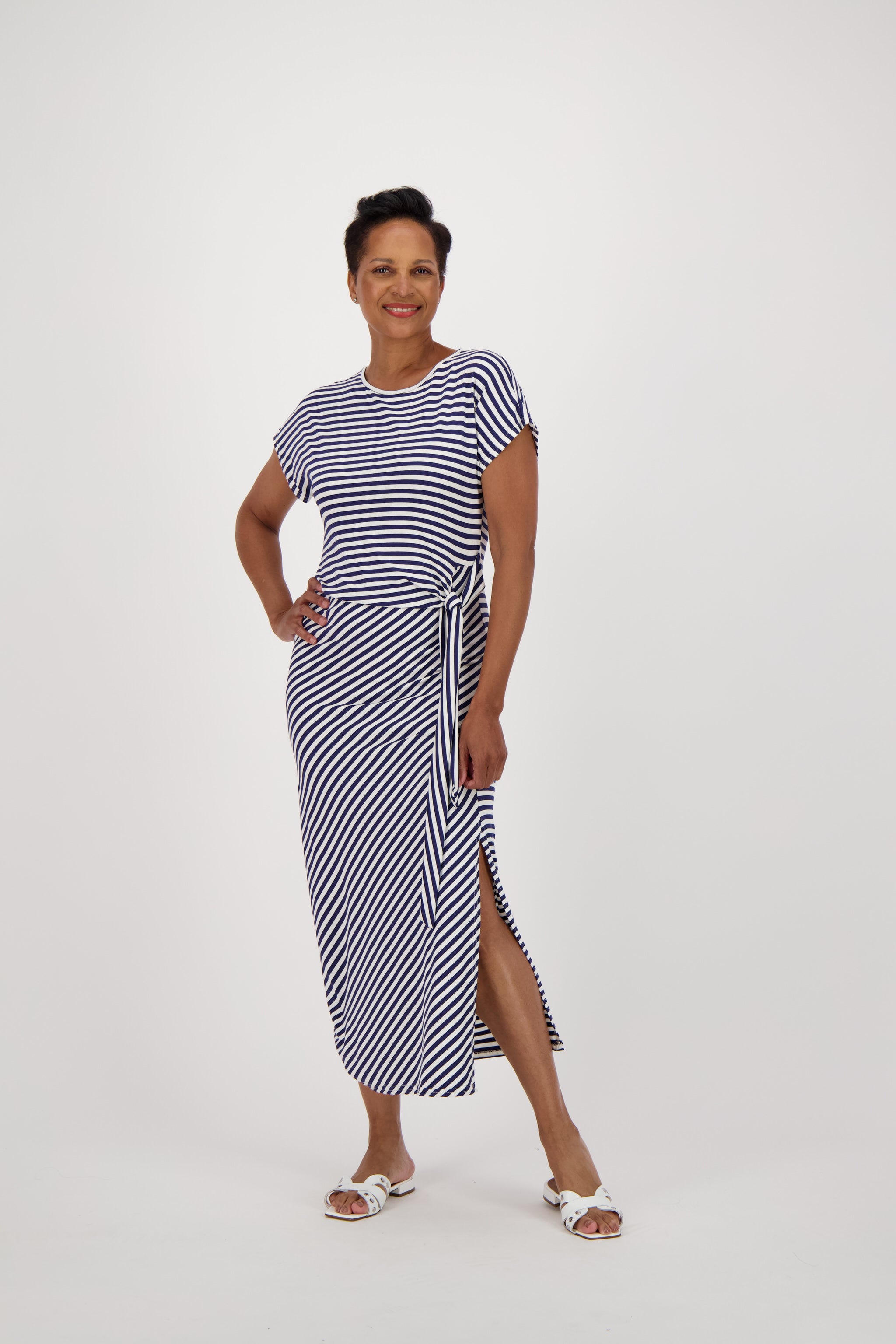 Blue white striped midi dress best sale