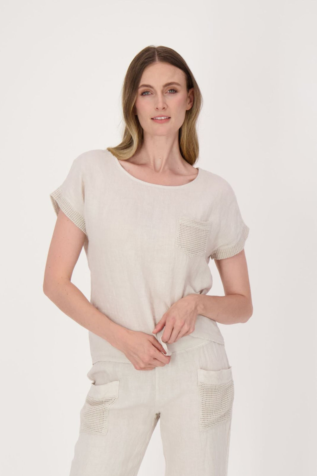 Linen Mesh Detail Short Sleeve Shirt