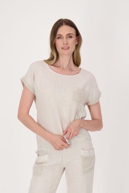 Linen Mesh Detail Short Sleeve Shirt