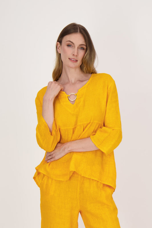 Linen Ruffle Blouse With Ring