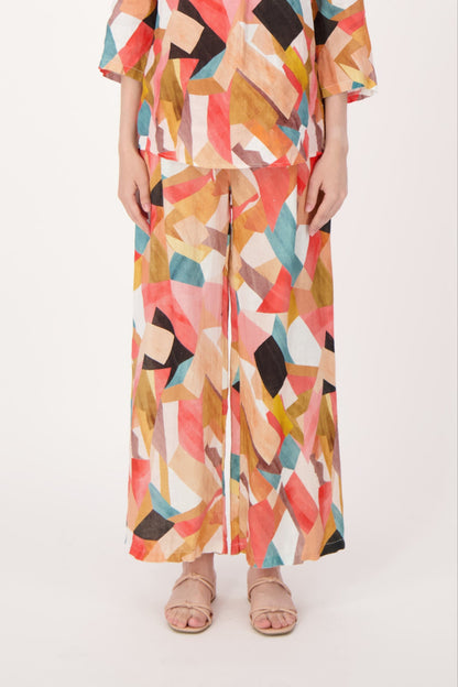 Linen Geo Printed Wide Leg Belted Pants