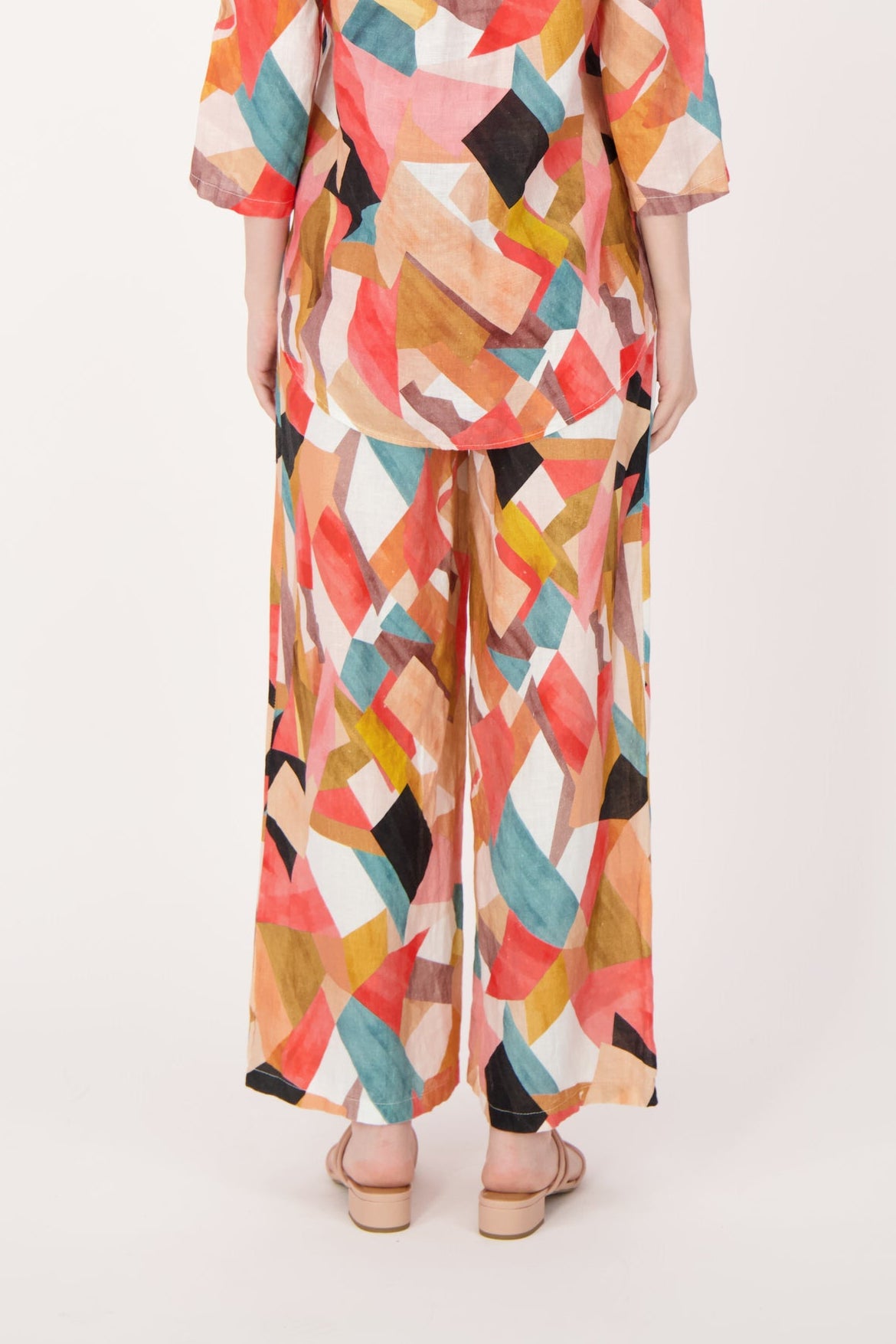 Linen Geo Printed Wide Leg Belted Pants