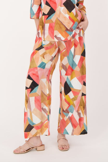 Linen Geo Printed Wide Leg Belted Pants