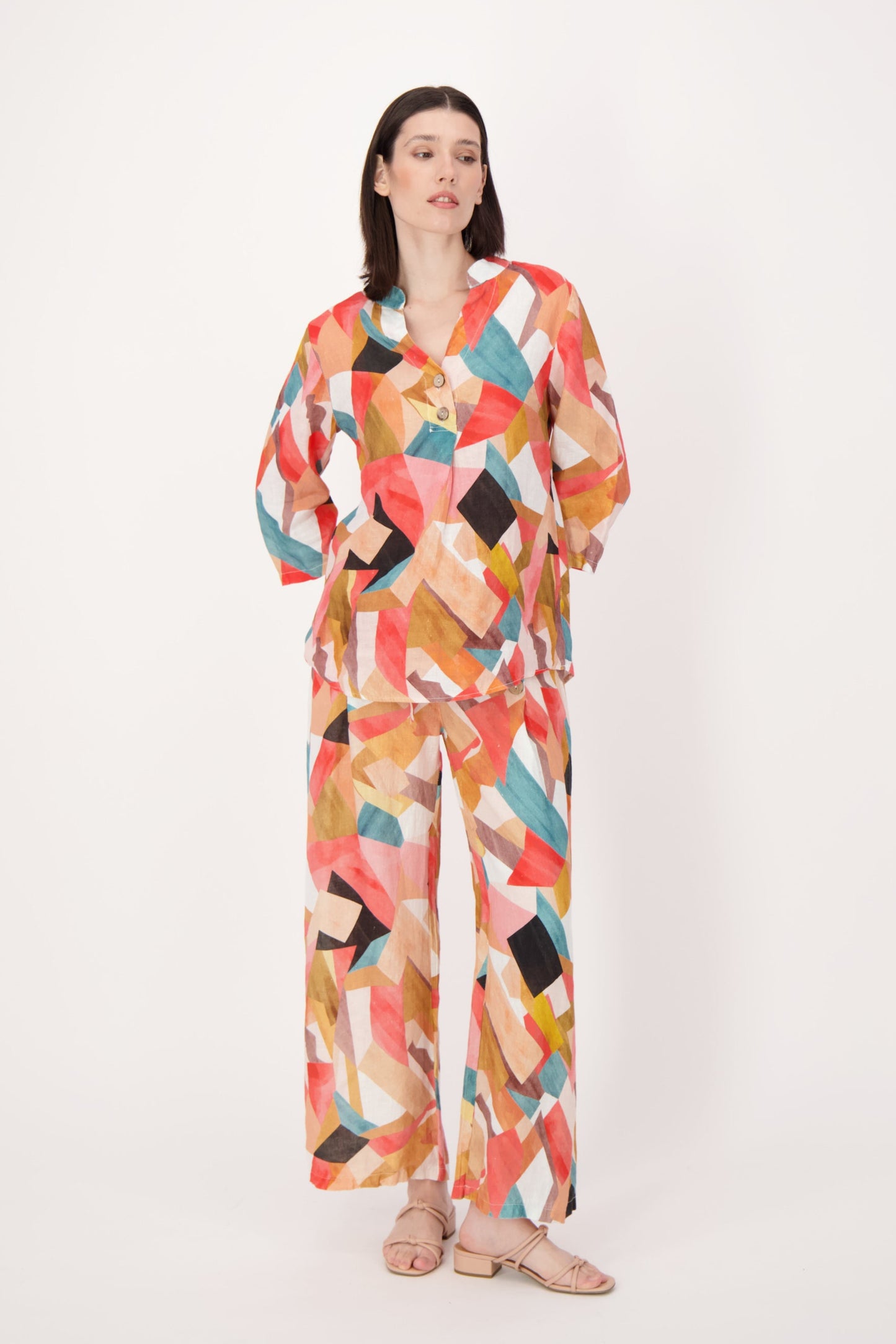 Linen Geo Printed Wide Leg Belted Pants