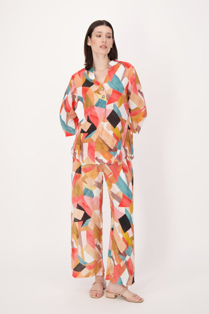 Linen Geo Printed Wide Leg Belted Pants