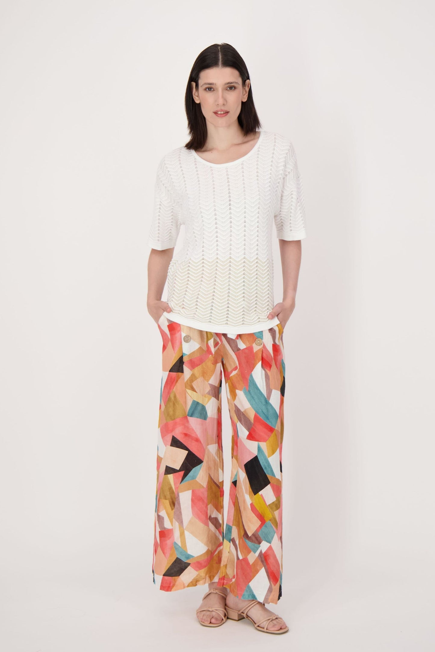 Linen Geo Printed Wide Leg Belted Pants