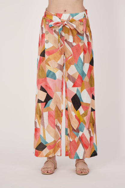 Linen Geo Printed Wide Leg Belted Pants