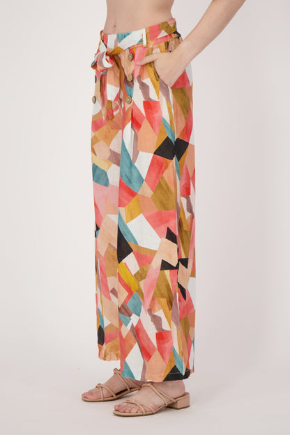 Linen Geo Printed Wide Leg Belted Pants