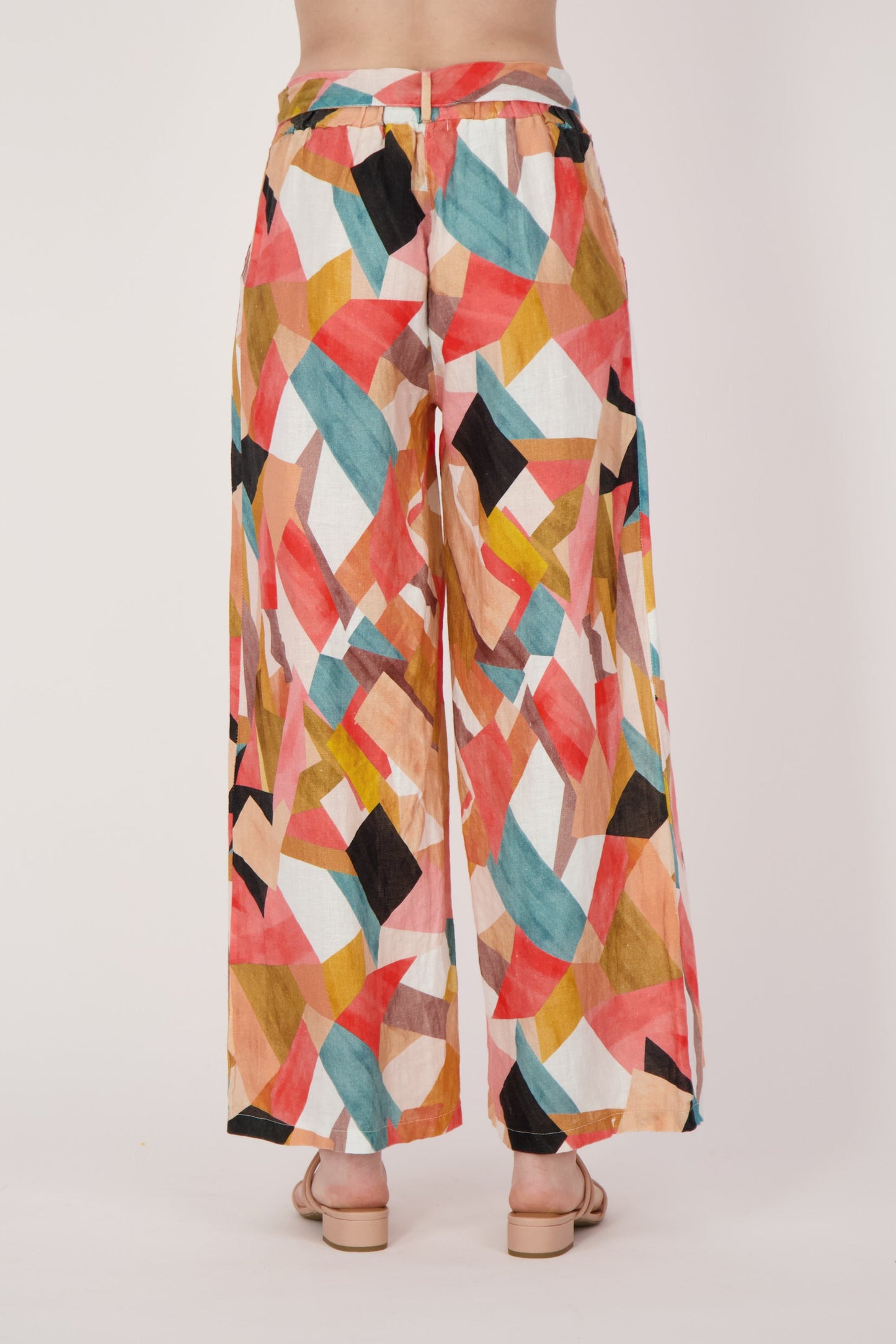 Linen Geo Printed Wide Leg Belted Pants