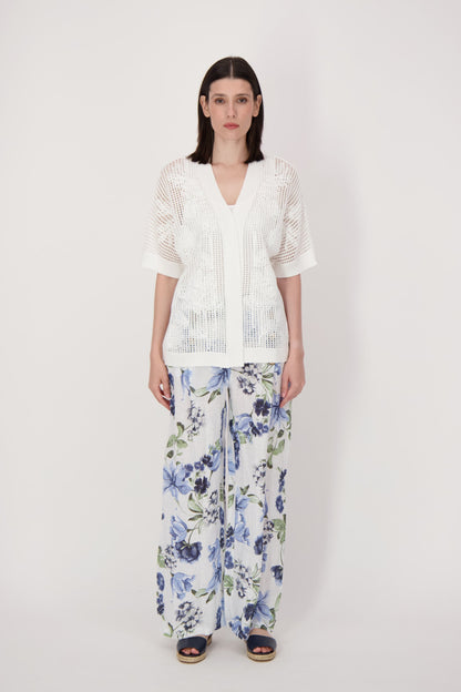 Linen Blue Floral Wide Leg Pant