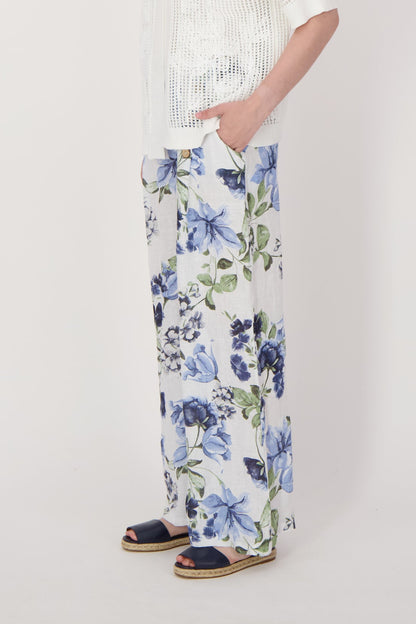 Linen Blue Floral Wide Leg Pant