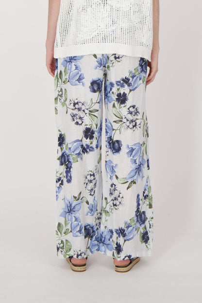 Linen Blue Floral Wide Leg Pant