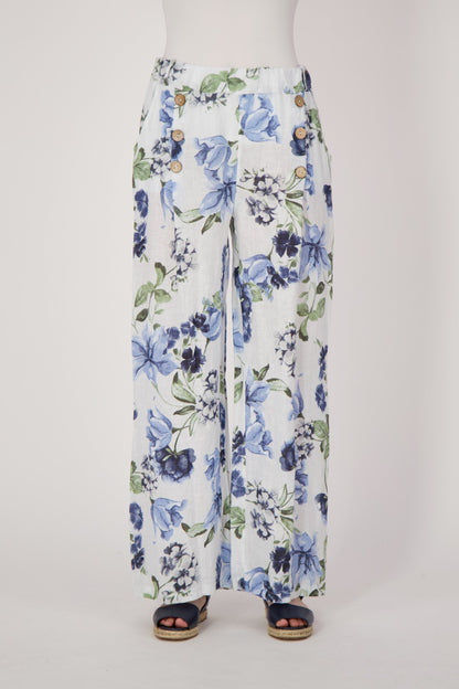 Linen Blue Floral Wide Leg Pant