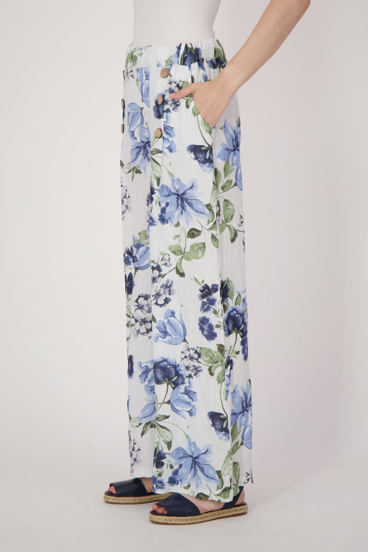 Linen Blue Floral Wide Leg Pant