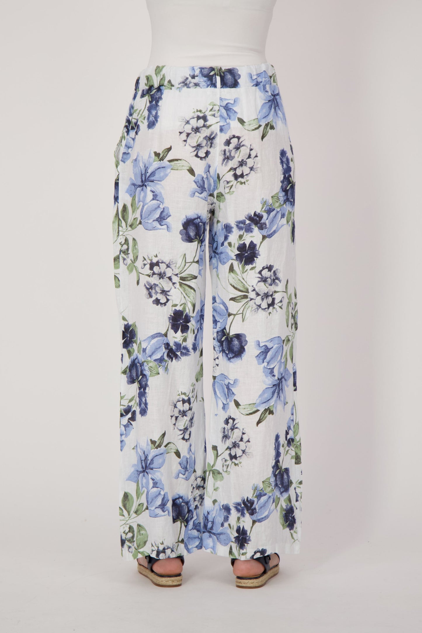 Linen Blue Floral Wide Leg Pant