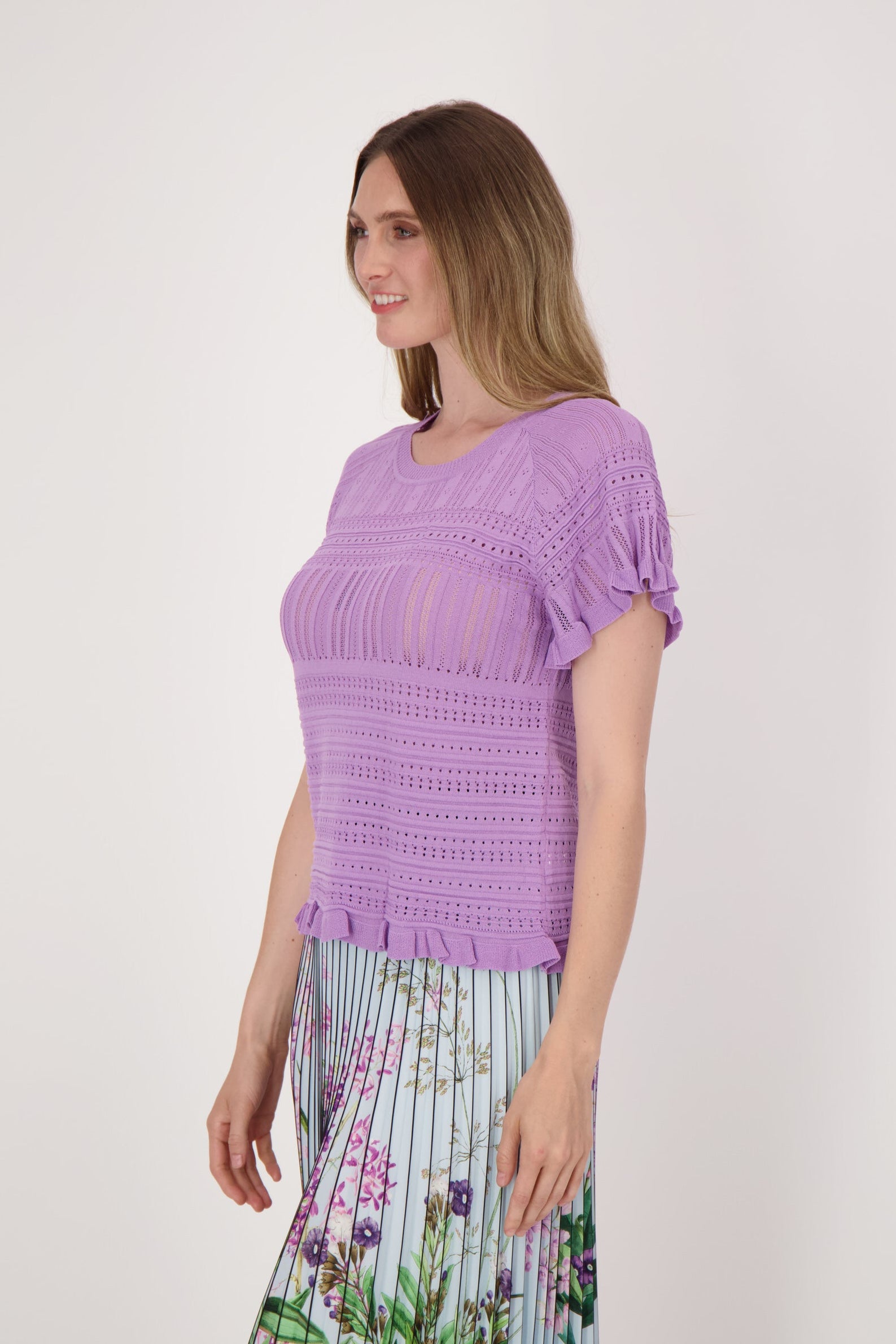 Pointelle Sweater With Ruffle Sleeves