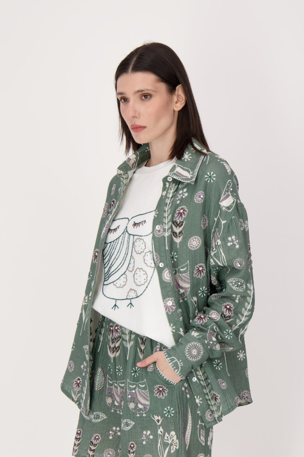 Embroidered Beaded Owl Blouse