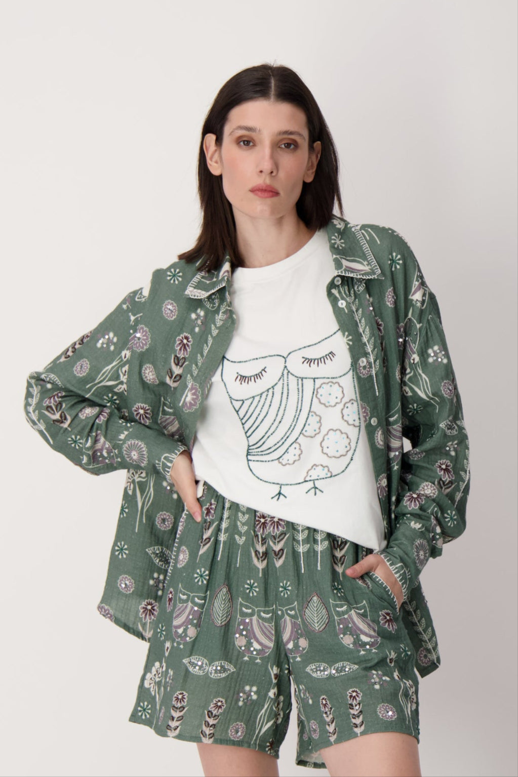 Embroidered Beaded Owl Blouse