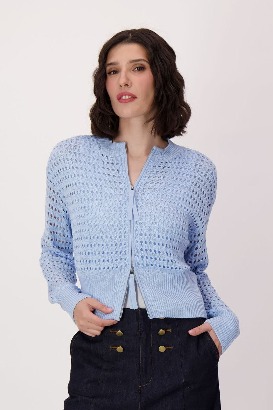 Eyelet Front Zip Lined Sweater