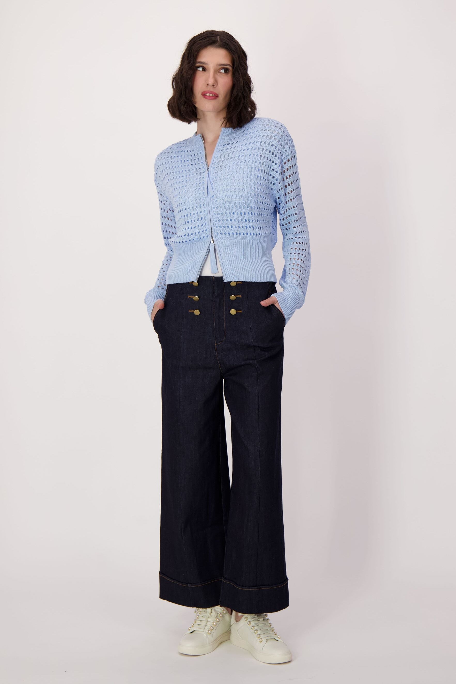 Eyelet Front Zip Lined Sweater