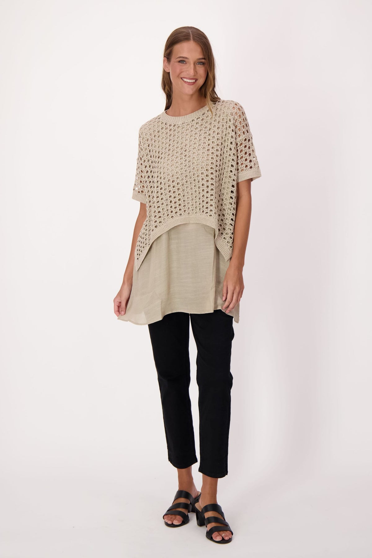 Eyelet Sweater With Woven Shirt