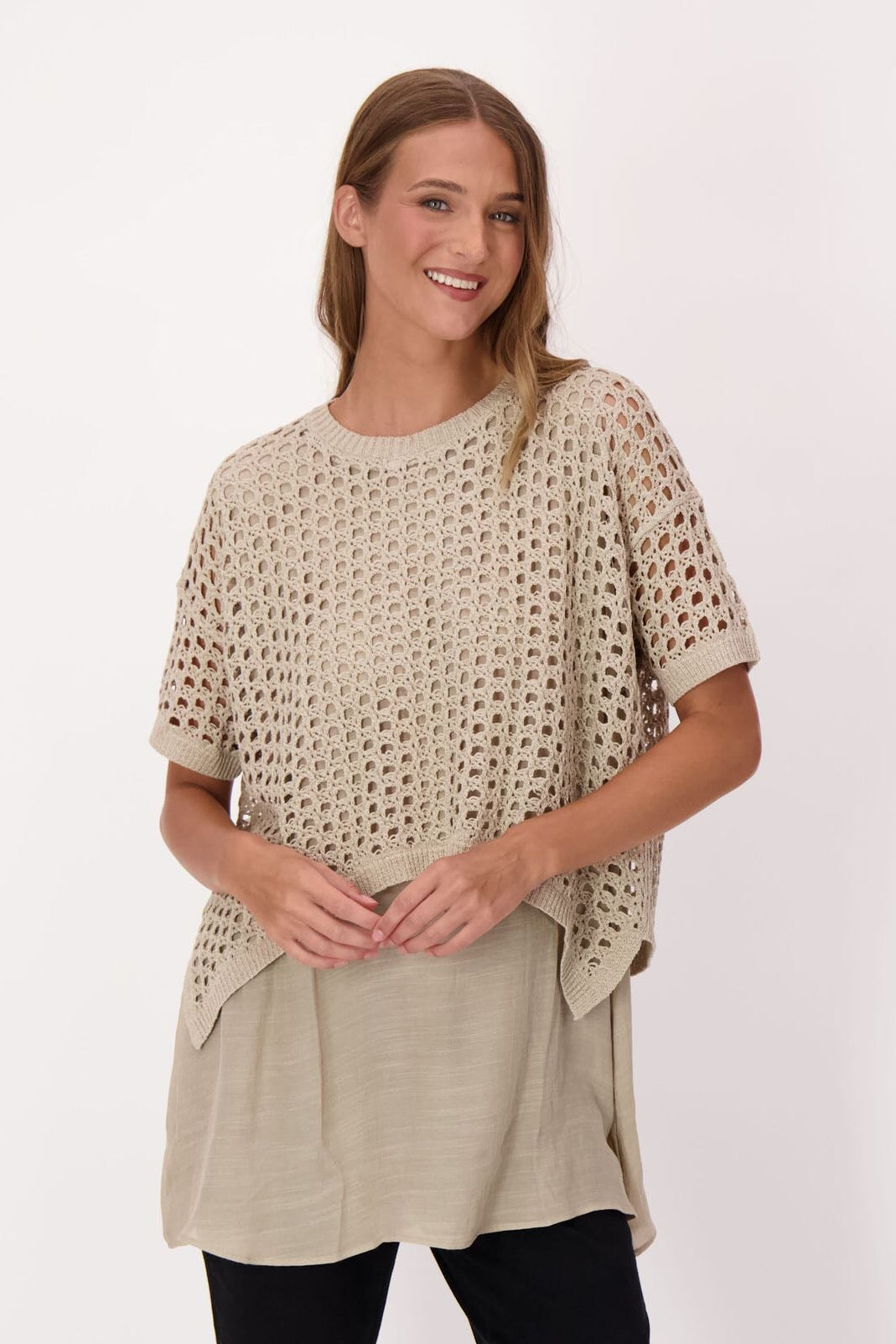 Eyelet Sweater With Woven Shirt
