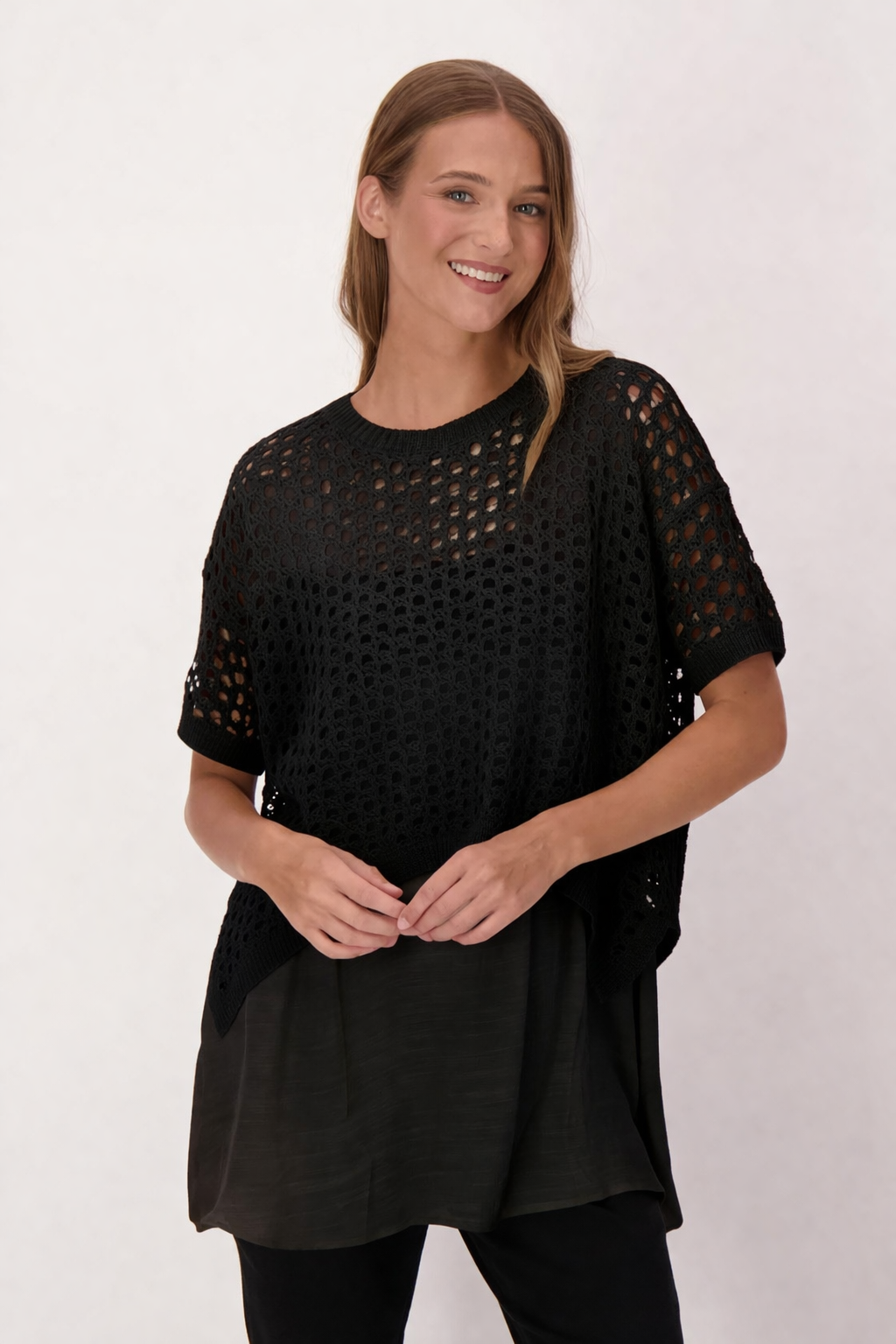 Eyelet Sweater With Woven Shirt