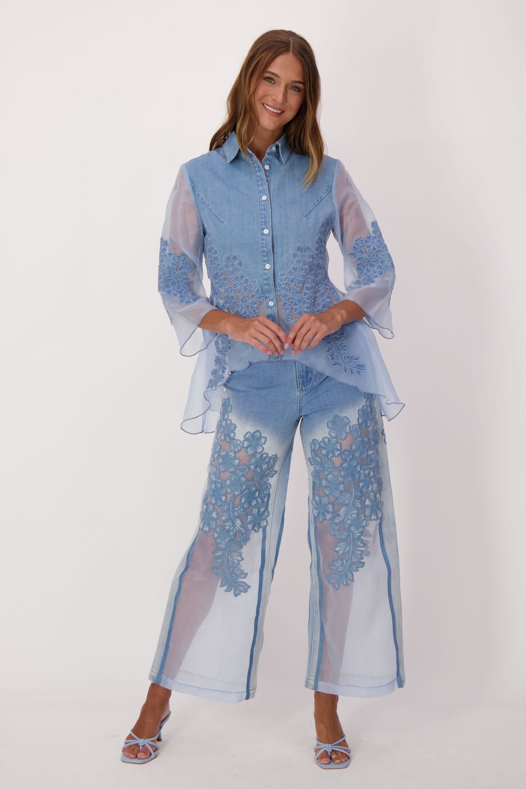 Floral Embroidered Denim Organza Shirt