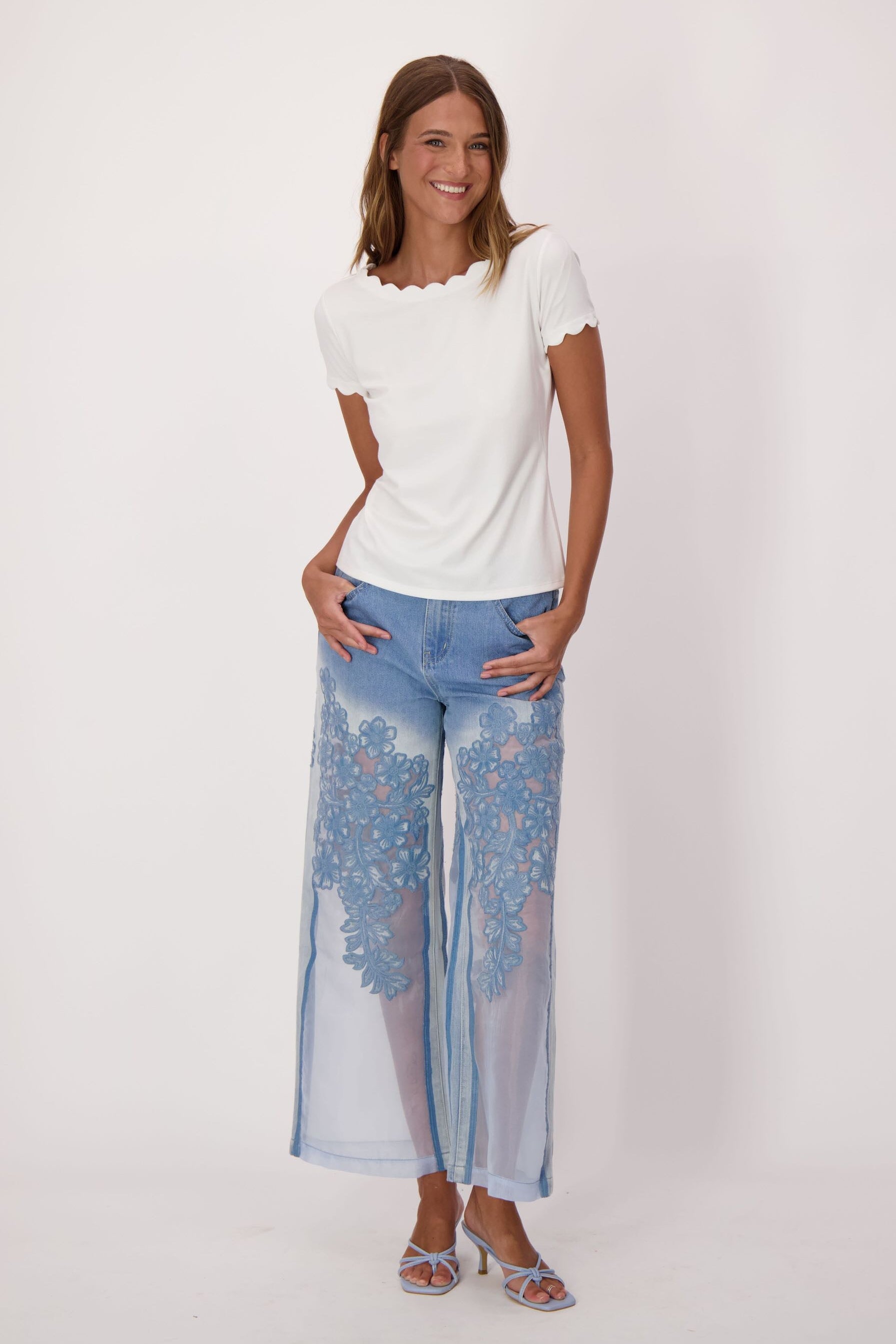Floral Embroidered Denim Organza Jean