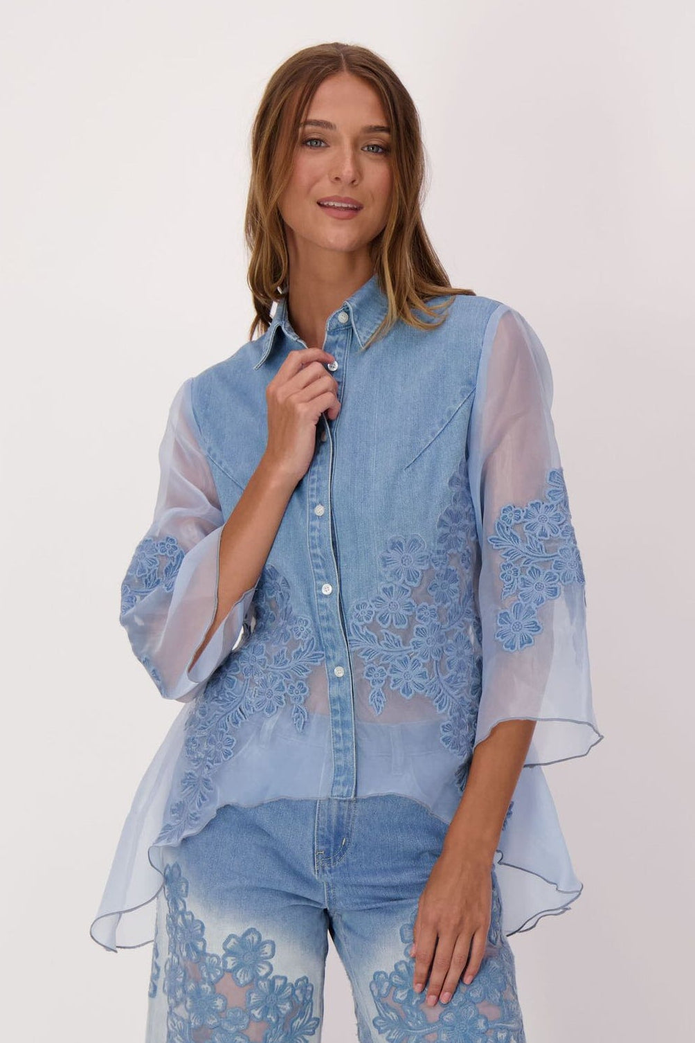 Floral Embroidered Denim Organza Shirt