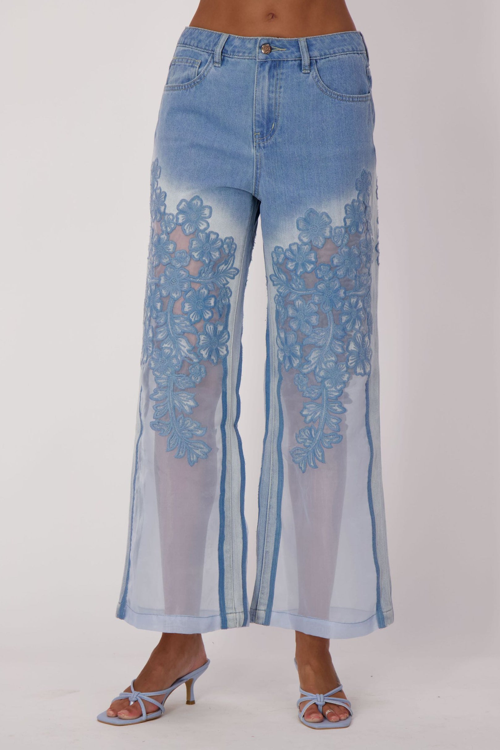 Floral Embroidered Denim Organza Jean