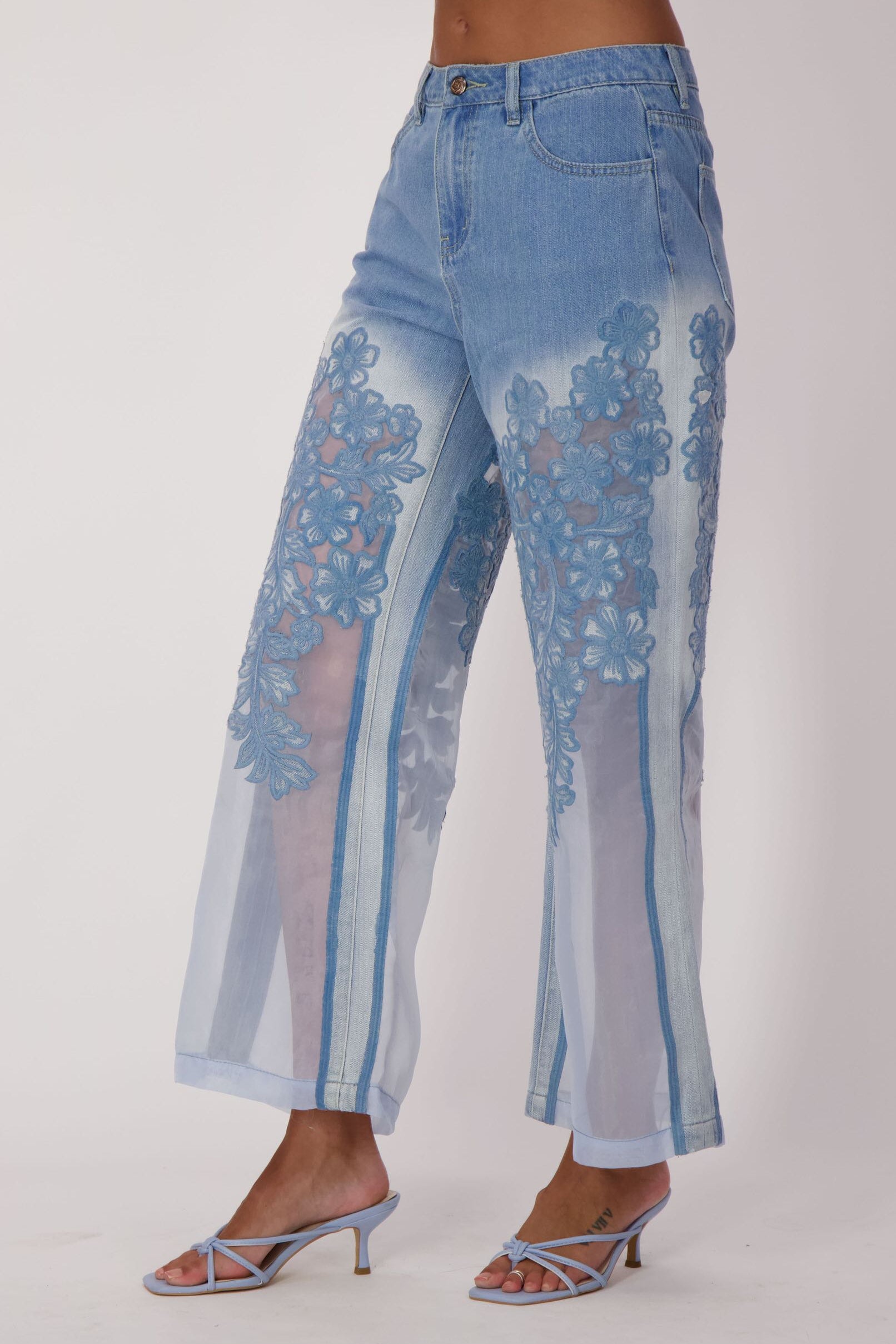 Floral Embroidered Denim Organza Jean