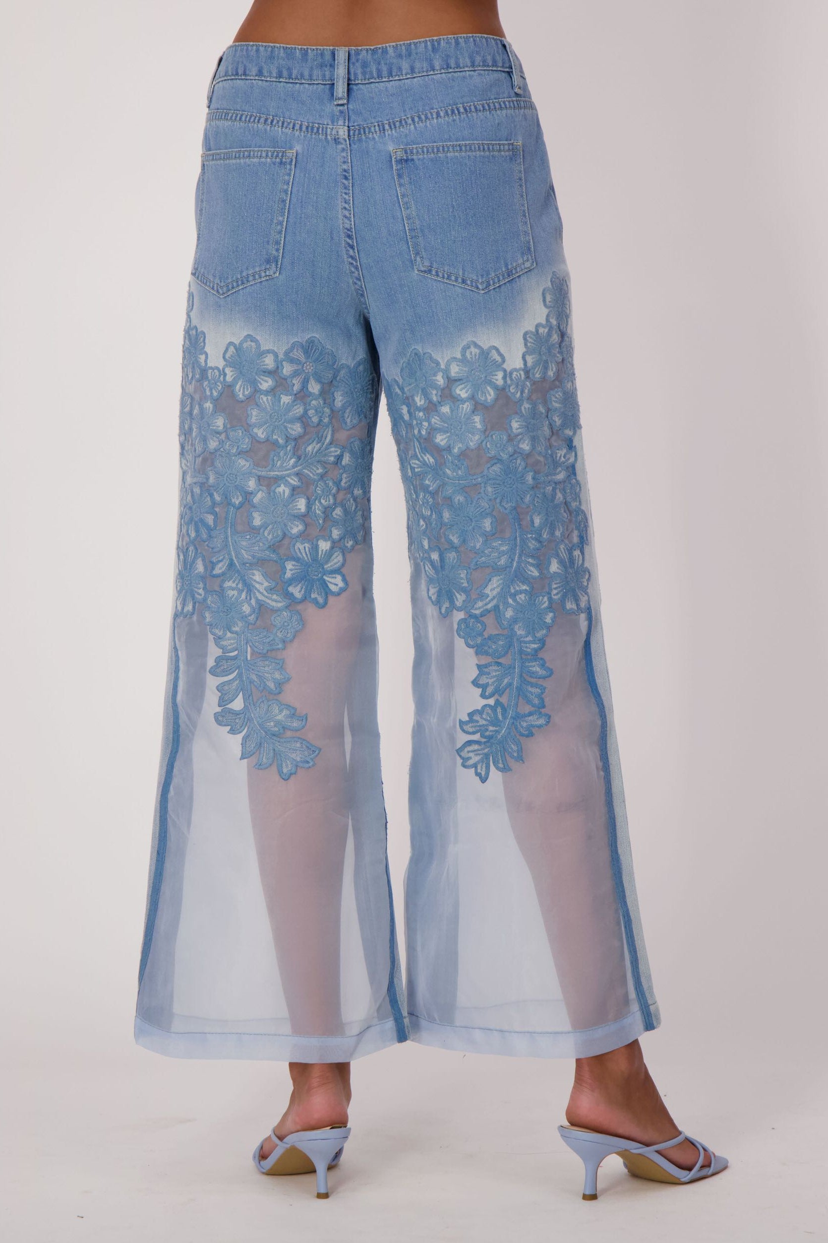 Floral Embroidered Denim Organza Jean
