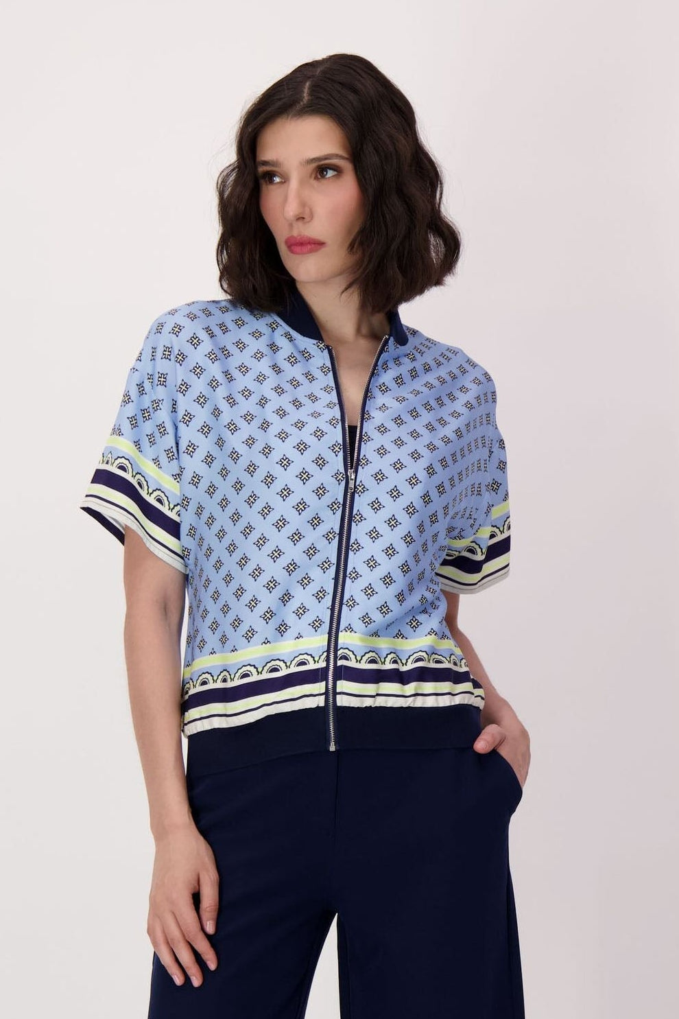 Scarf Print Short Sleeve Bomber Jacket