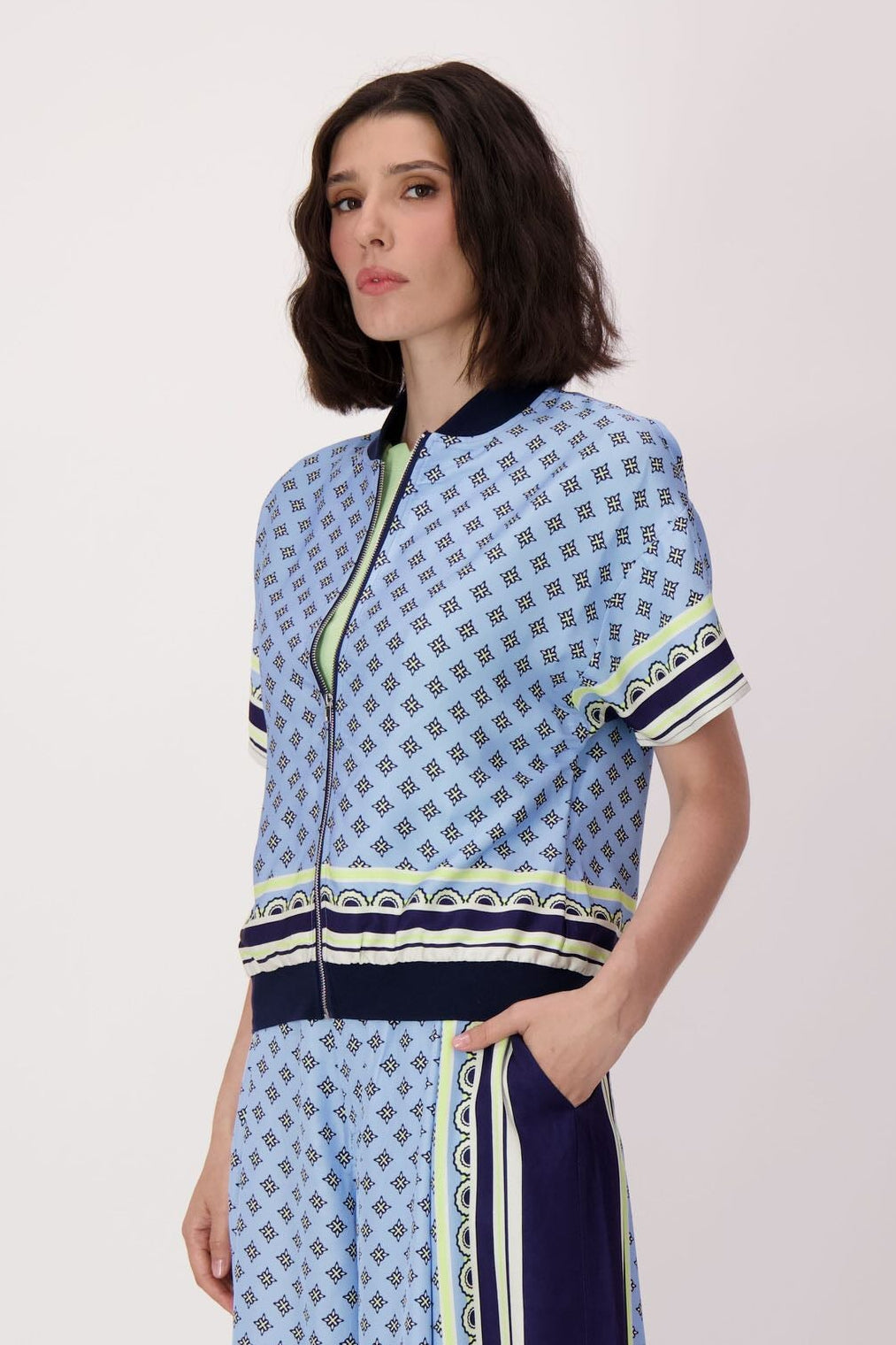 Scarf Print Short Sleeve Bomber Jacket